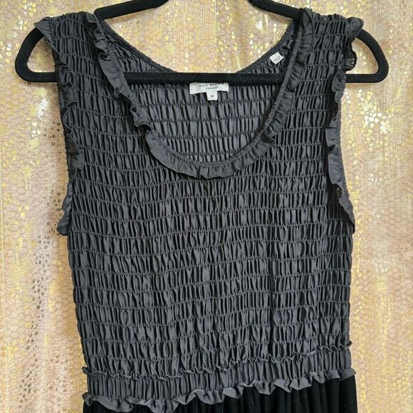 Max Studio London Georgette Black Smocked Velvet Goth Maxi Dress Med - Picture 3 of 10